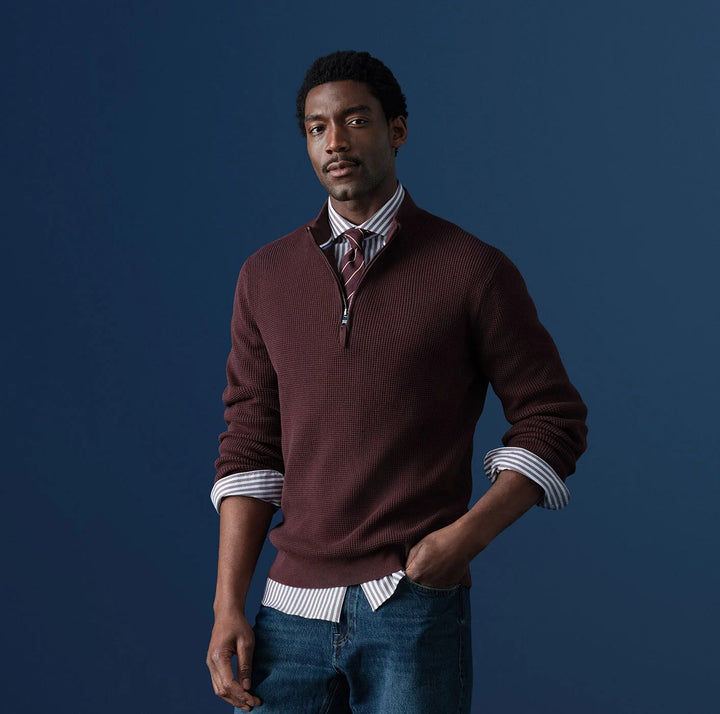 Olymp Level 5 2028-24-37 Burgundy Red Stripe Shirt, three-quarter view on model