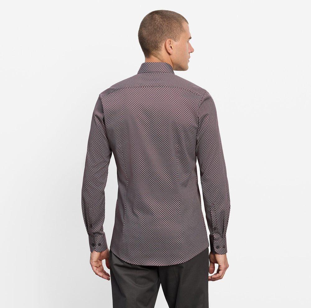 Olymp Level 5 2034-24-37 Burgundy Red Geometric Print Shirt, back view on model
