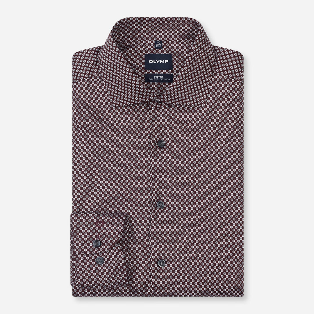 Olymp Level 5 2034-24-37 Burgundy Red Geometric Print Shirt, folded front packshot