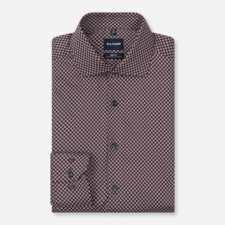 Olymp Level 5 2034-24-37 Burgundy Red Geometric Print Shirt, folded front packshot