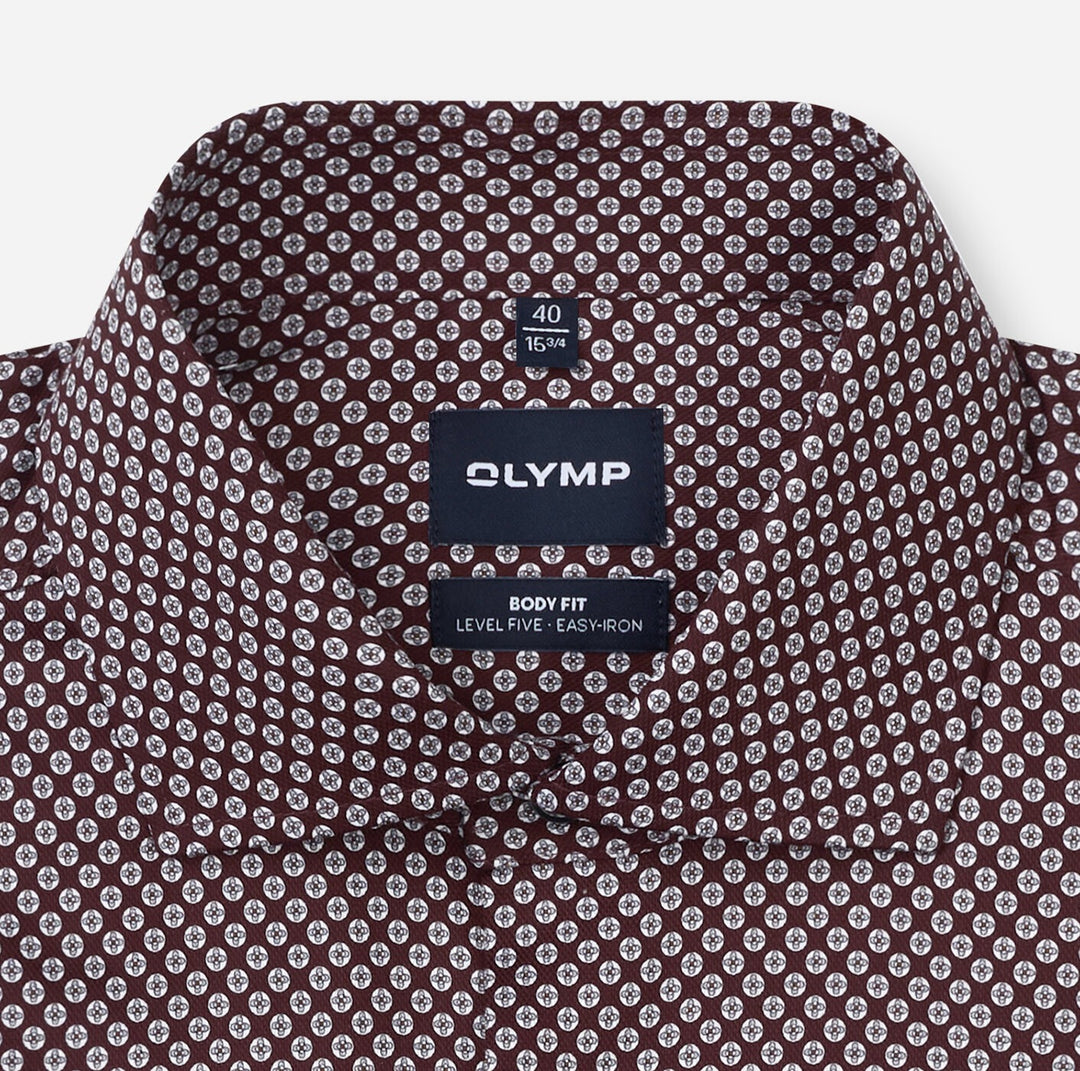 Olymp Level 5 2034-24-37 Burgundy Red Geometric Print Shirt, collar detail