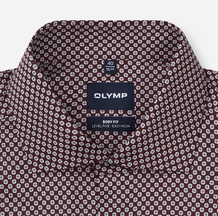 Olymp Level 5 2034-24-37 Burgundy Red Geometric Print Shirt, collar detail