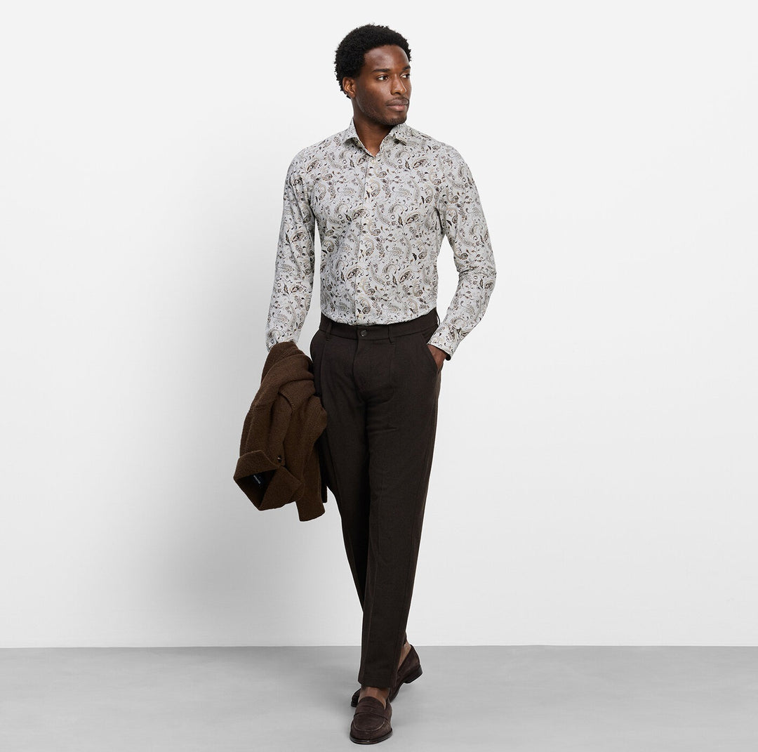 Olymp Level 5 2038-24-22 Beige Paisley Print Shirt, full length styled