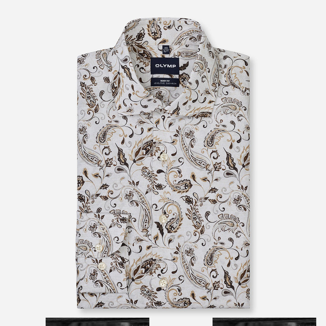 Olymp Level 5 2038-24-22 Beige Paisley Print Shirt, folded front packshot