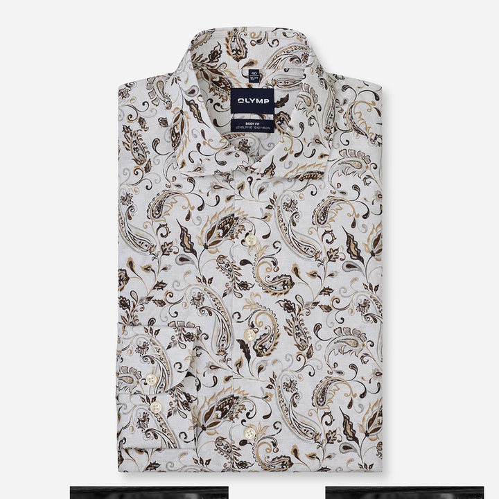 Olymp Level 5 2038-24-22 Beige Paisley Print Shirt, folded front packshot