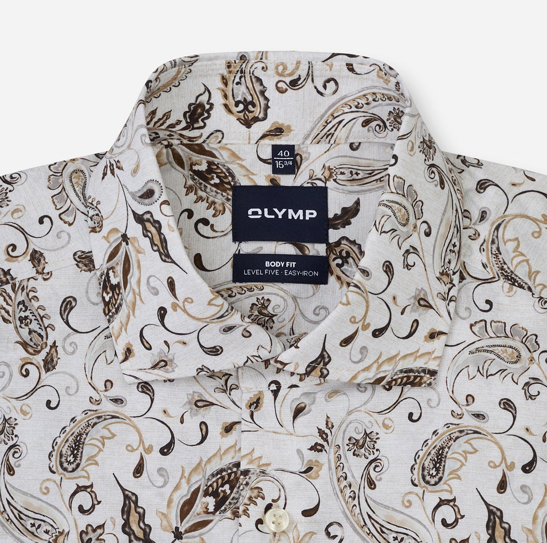 Olymp Level 5 2038-24-22 Beige Paisley Print Shirt, collar detail