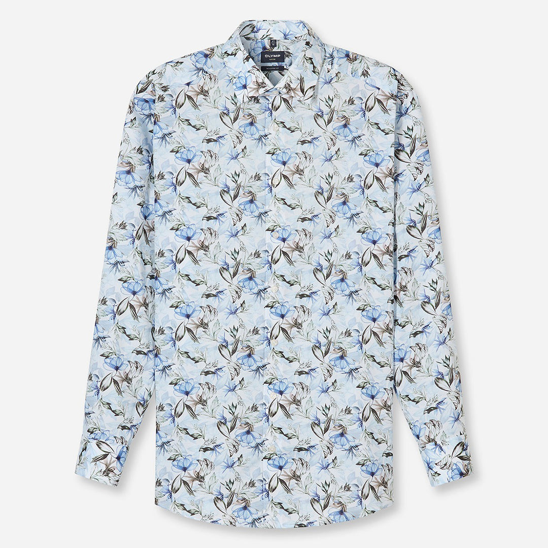 Olymp Luxor Blue Floral Print long sleeve shirt at BAKS