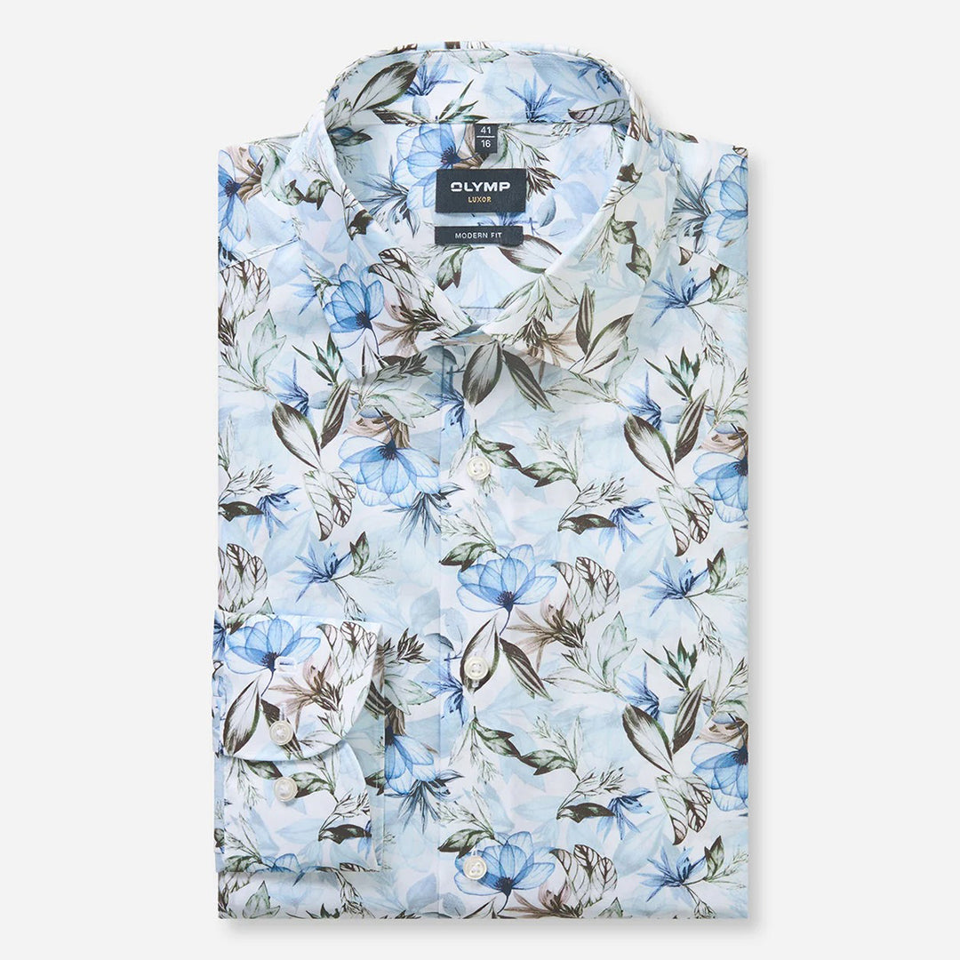 Olymp Luxor Blue Floral Print long sleeve shirt at BAKS