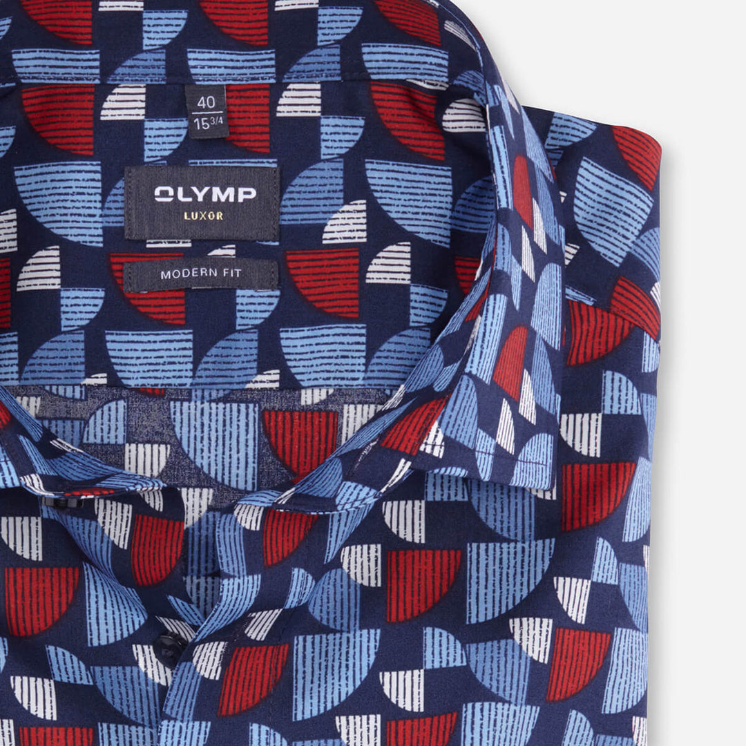 Olymp Luxor 12664435 Red Blue Graphic Print Global Kent Collar Shirt - Baks Menswear Bournemouth