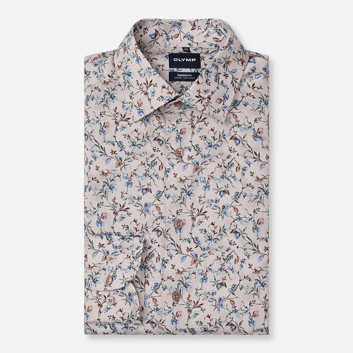 Olymp Luxor 1294-24-22 Beige Floral Print Shirt, folded front packshot