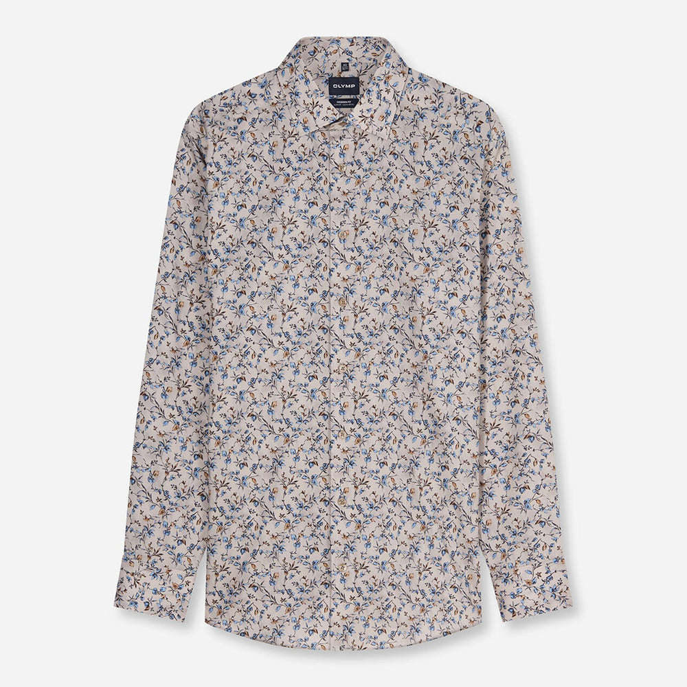 Olymp Luxor 1294-24-22 Beige Floral Print Shirt, flat front view