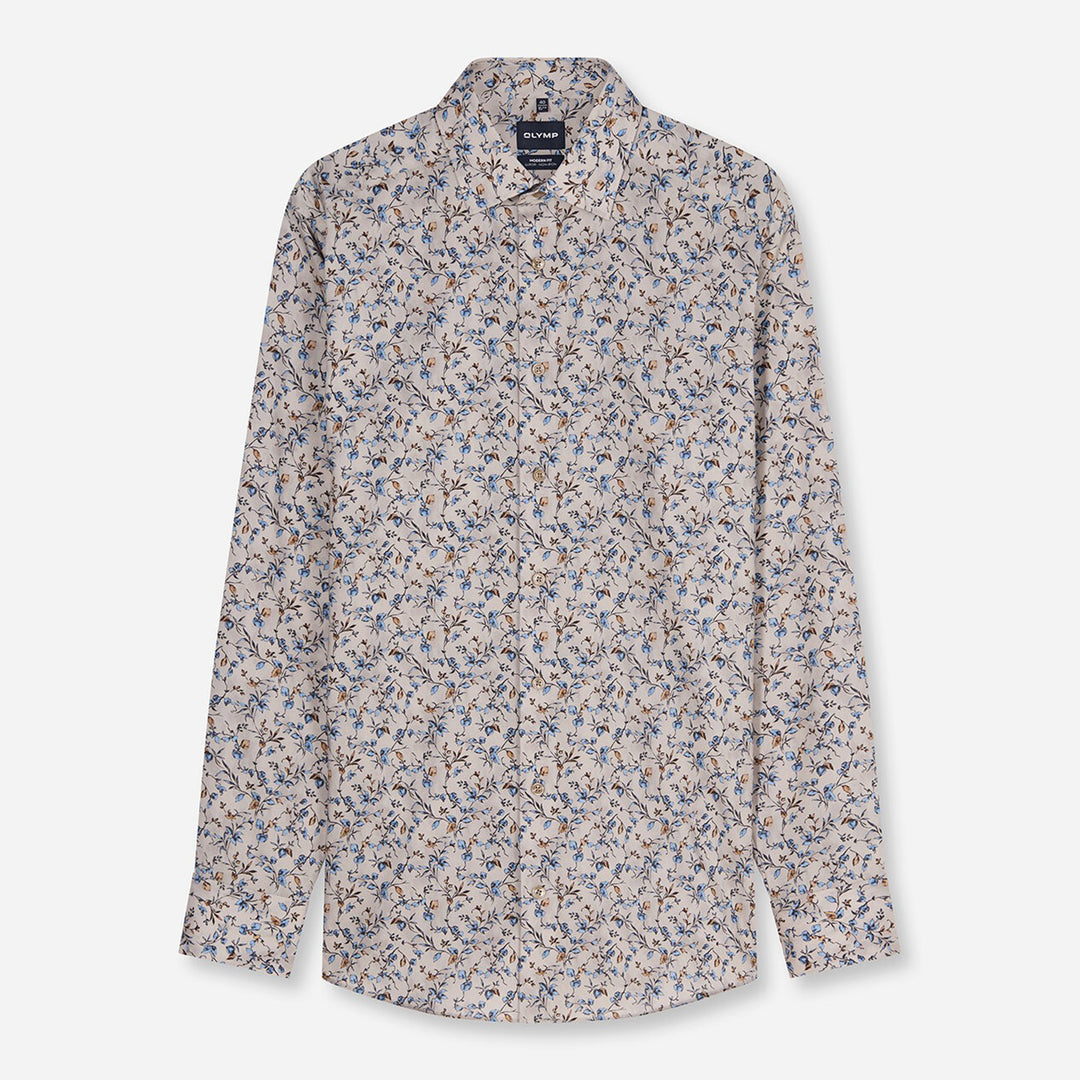 Olymp Luxor 1294-24-22 Beige Floral Print Shirt, flat front view