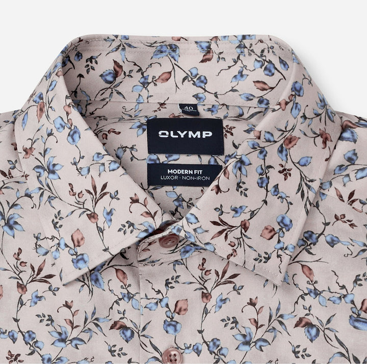 Olymp Luxor 1294-24-22 Beige Floral Print Shirt, collar detail