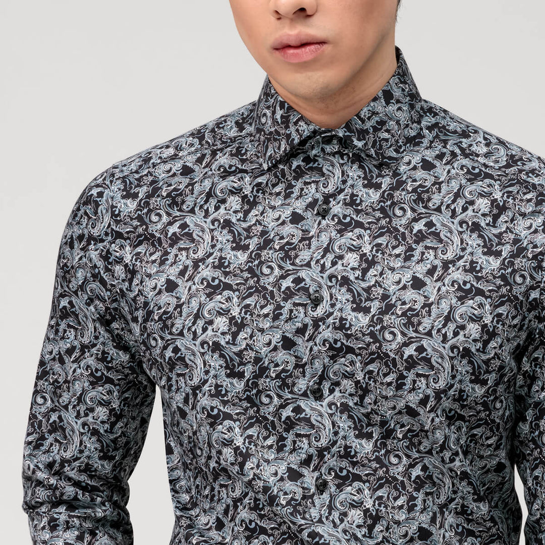 Olymp Luxor 13204468 Black Modern Fit Floral Print Long Sleeve Shirt - Baks Menswear Bournemouth