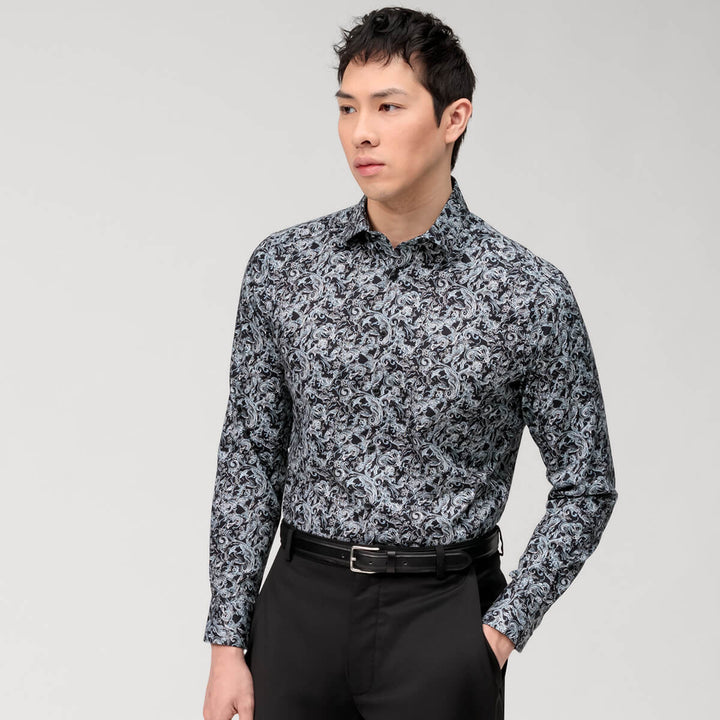 Olymp Luxor 13204468 Black Modern Fit Floral Print Long Sleeve Shirt - Baks Menswear Bournemouth