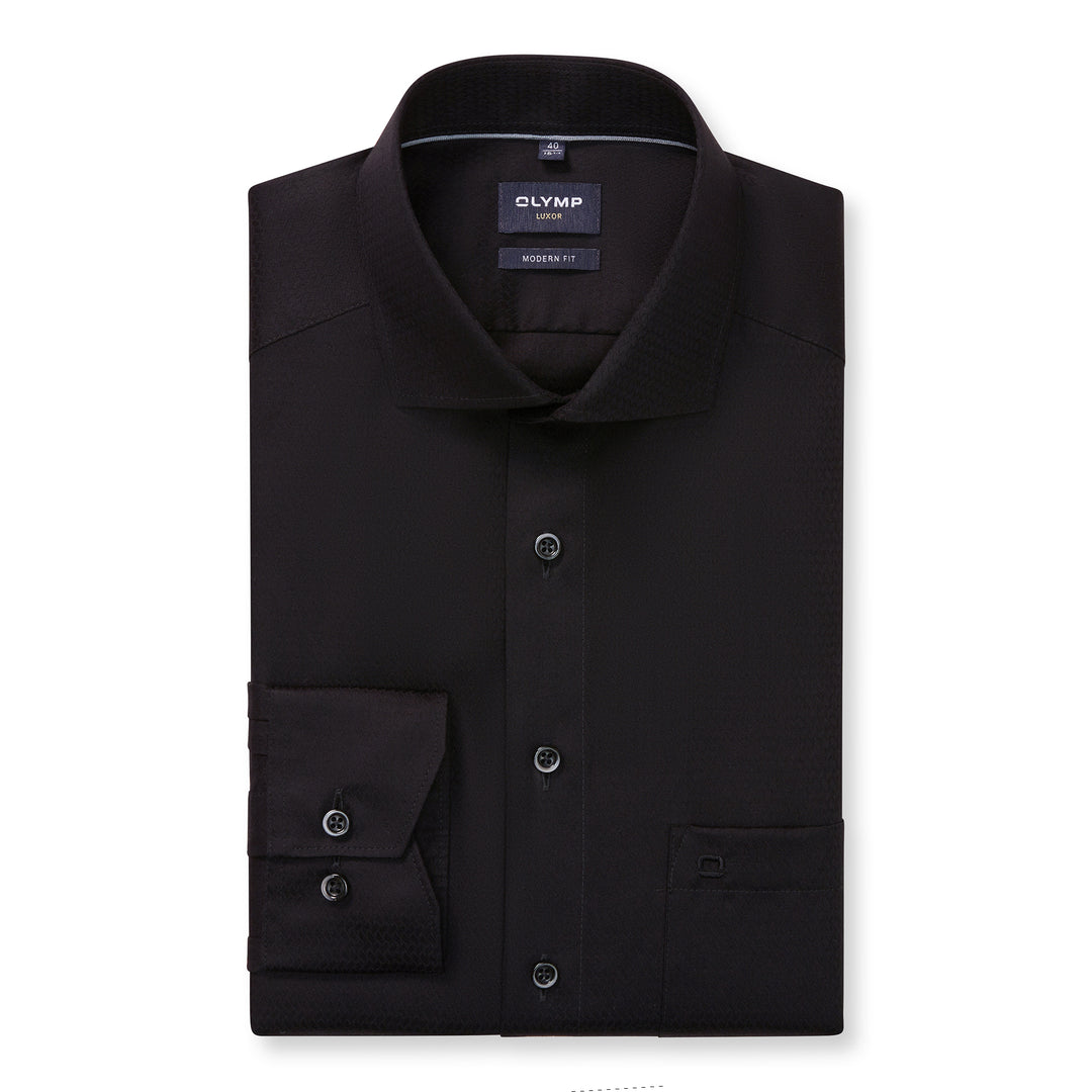 Black dress shirt with Olymp label on a white background