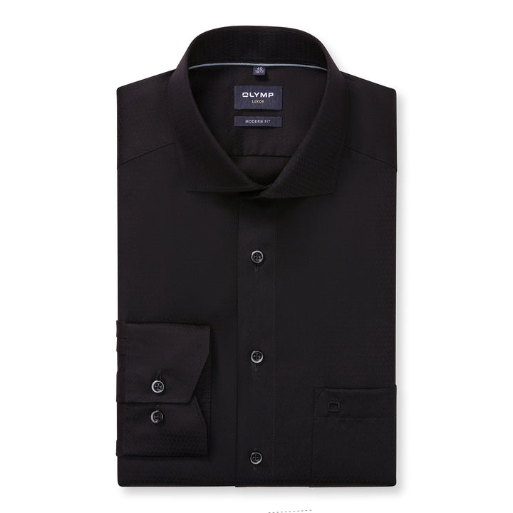Black dress shirt with Olymp label on a white background