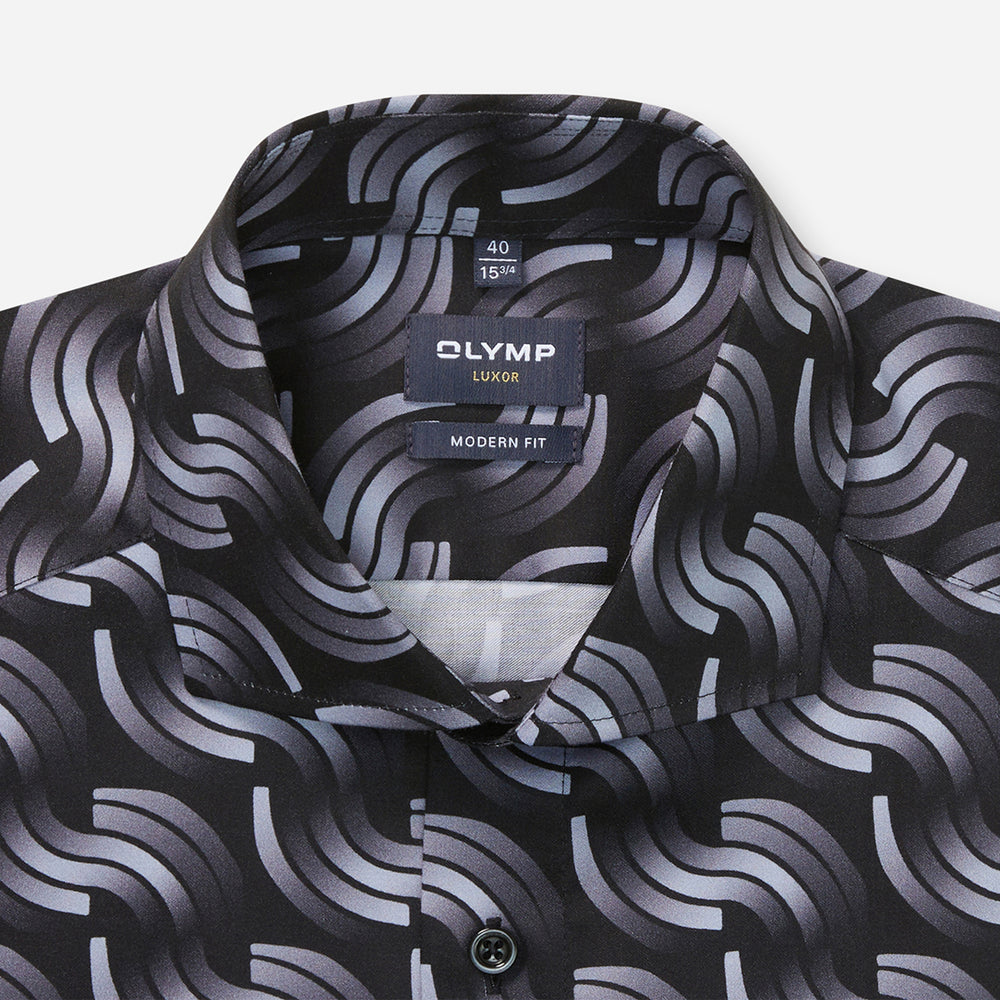 Black and gray patterned shirt with Olymp label on a white background