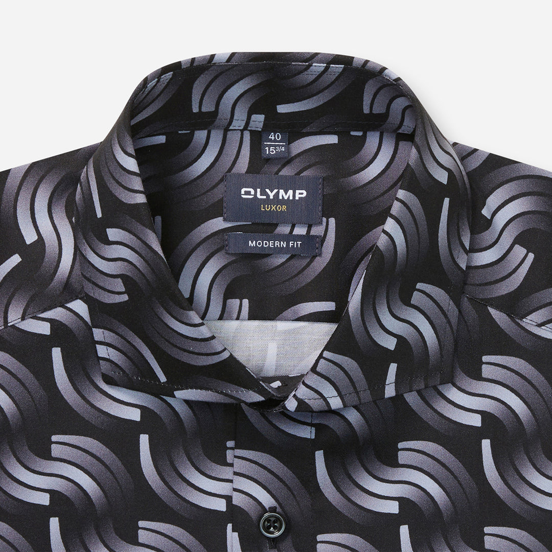 Black and gray patterned shirt with Olymp label on a white background