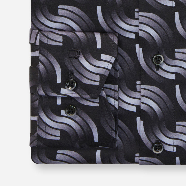 Black and gray patterned shirt with buttons on a white background