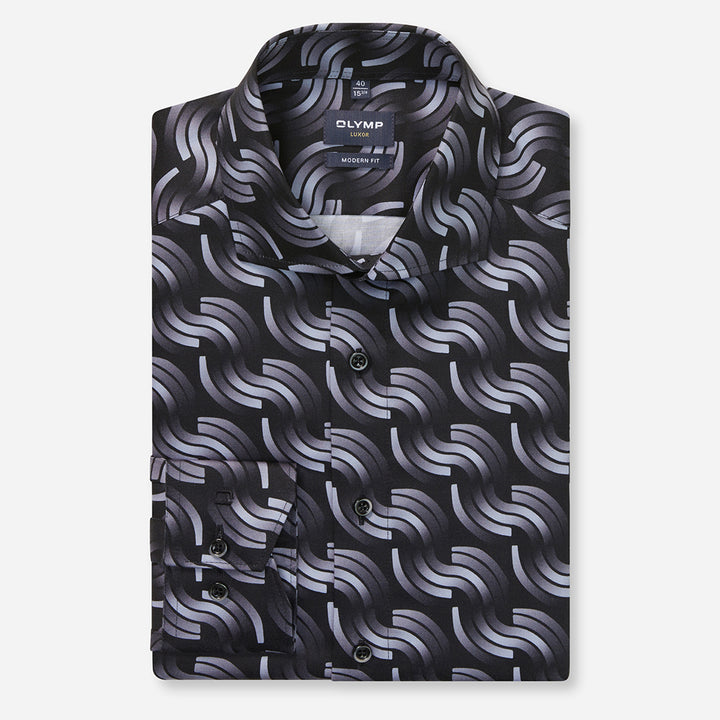 Black and gray patterned shirt with 'Olymp' branding on a white background