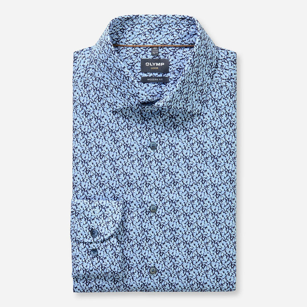 Olymp Luxor Marine Navy Print long sleeve shirt at BAKS