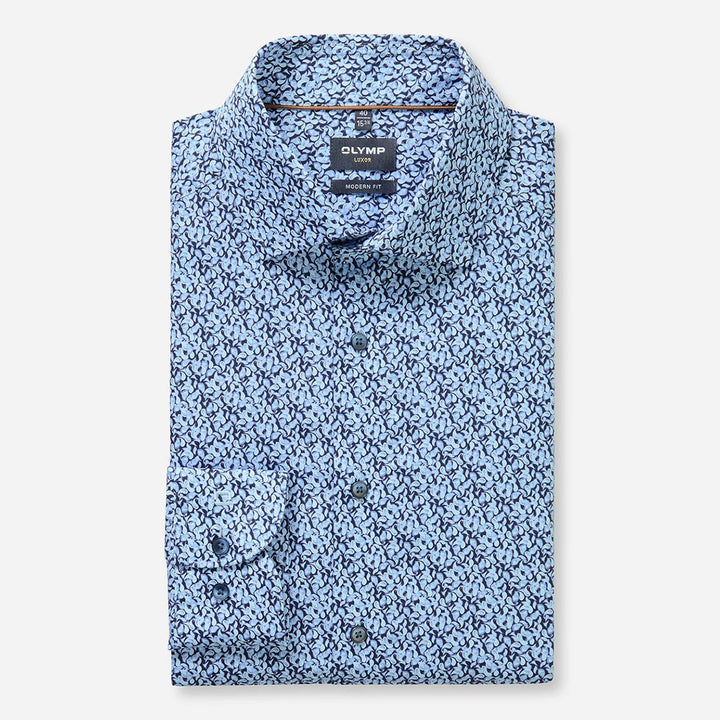 Olymp Luxor Marine Navy Print long sleeve shirt at BAKS