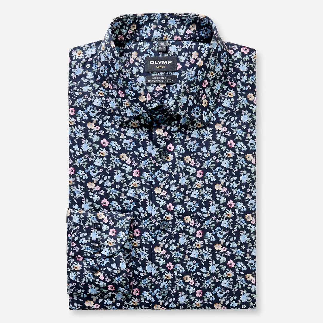 Olymp Luxor Navy Floral long sleeve shirt at BAKS