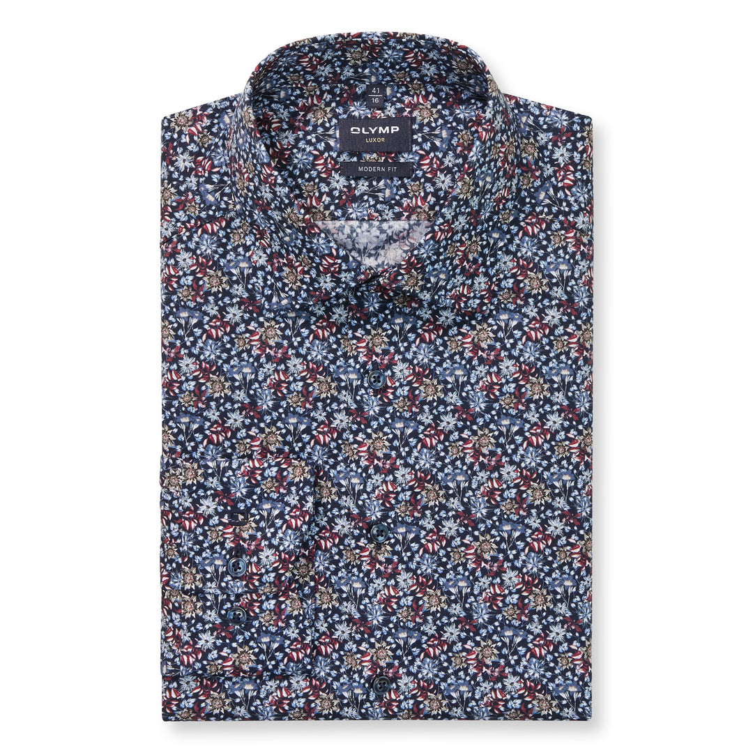 Floral patterned shirt with 'Olymp' branding on a white background