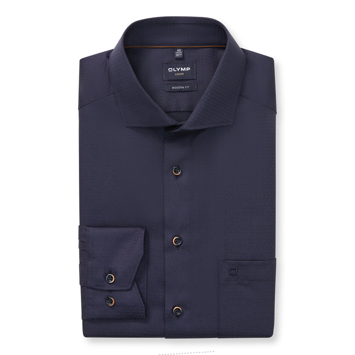 Navy blue dress shirt with rolled-up sleeve on a white background
