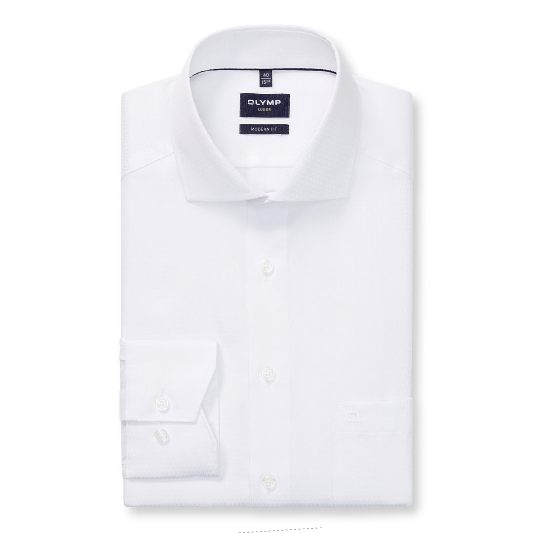 White dress shirt with collar tag on a white background