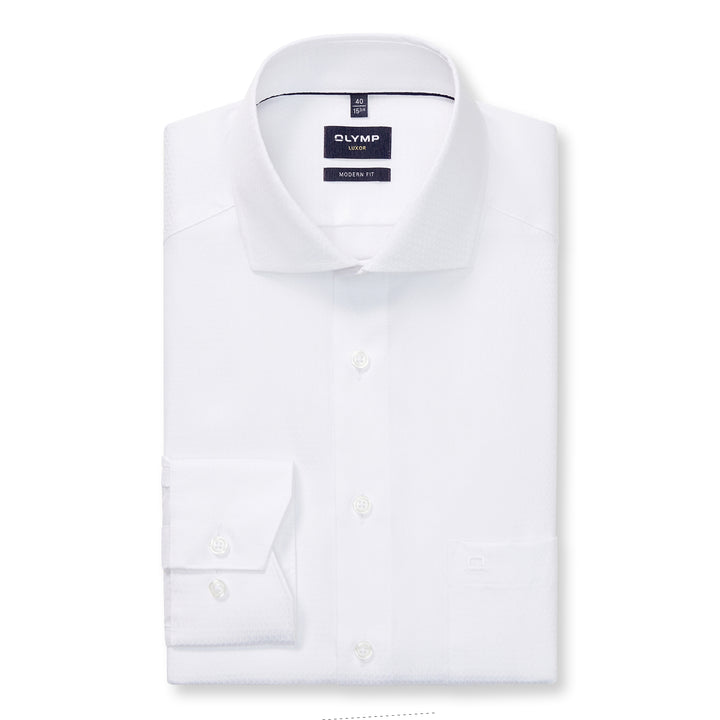 White dress shirt with collar tag on a white background