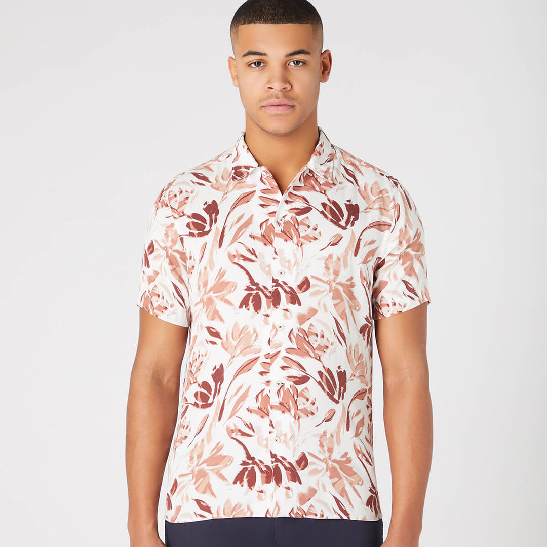 Remus Uomo 13745SS-16 Brown Flower Print Short Sleeve Shirt - Baks Menswear