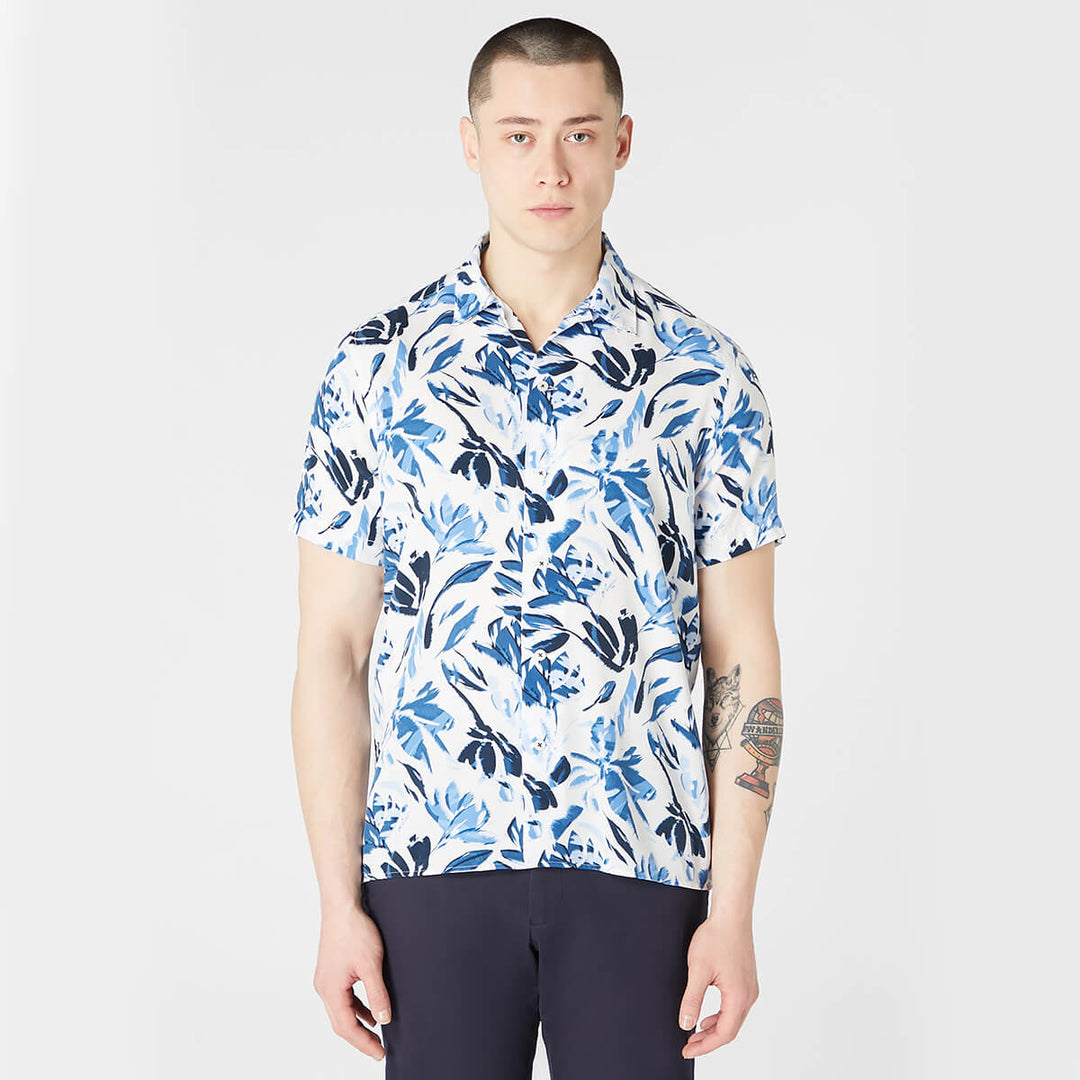 Remus Uomo 13745SS-18 Blue Abstract Flower Print Short Sleeve Shirt - Baks Menswear Bournemouth