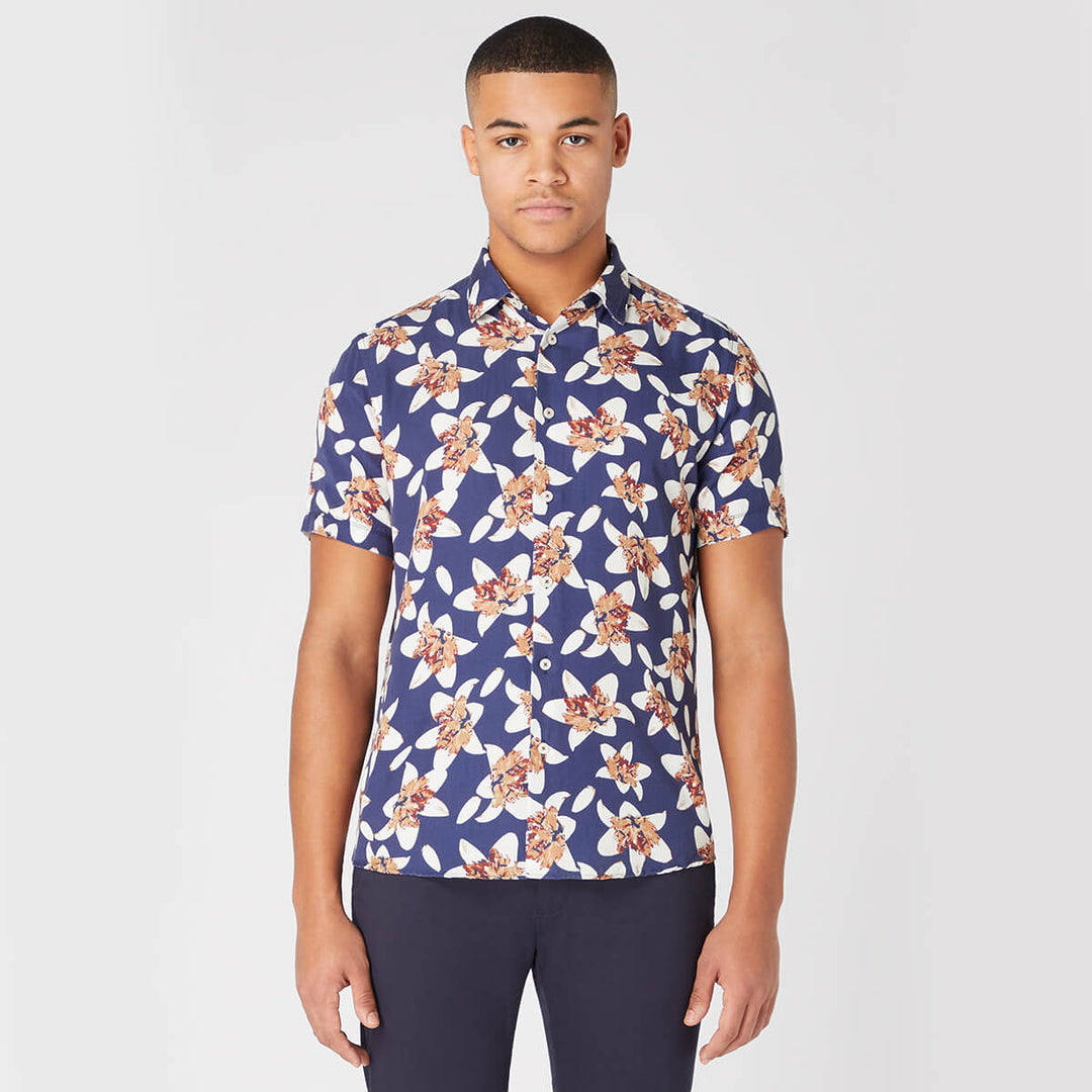 Remus Uomo 131-13747SS-28 Navy Flower Print Short Sleeve Shirt - Baks Menswear Bournemouth