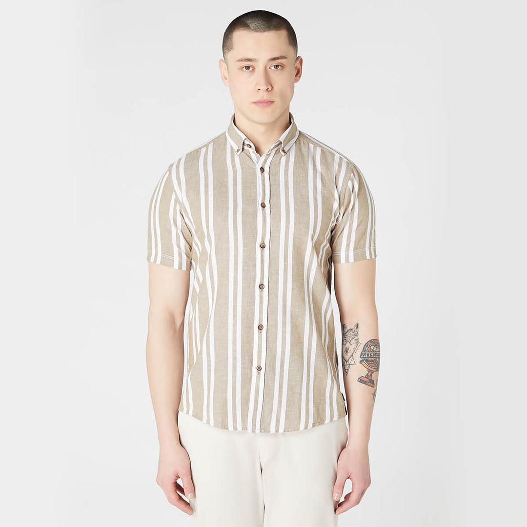 Remus Uomo 131-13761SS-93 Parker Oatmeal Brown Stripe Short Sleeve Shirt - Baks Menswear Bournemouth