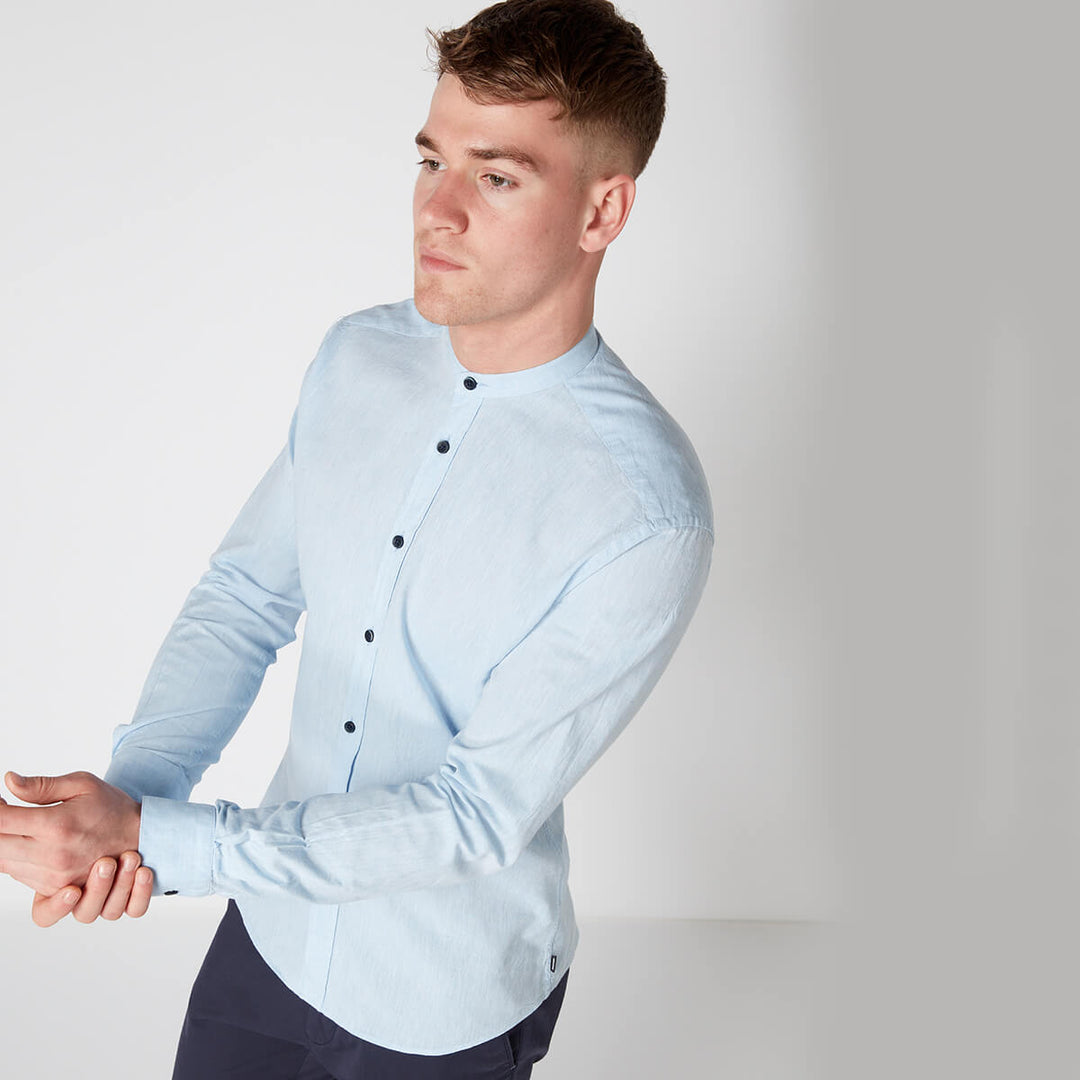 Remus Uomo 17973 Cole Blue Collarless Tapered Fit Long Sleeve Shirt - Baks Menswear Bournemouth