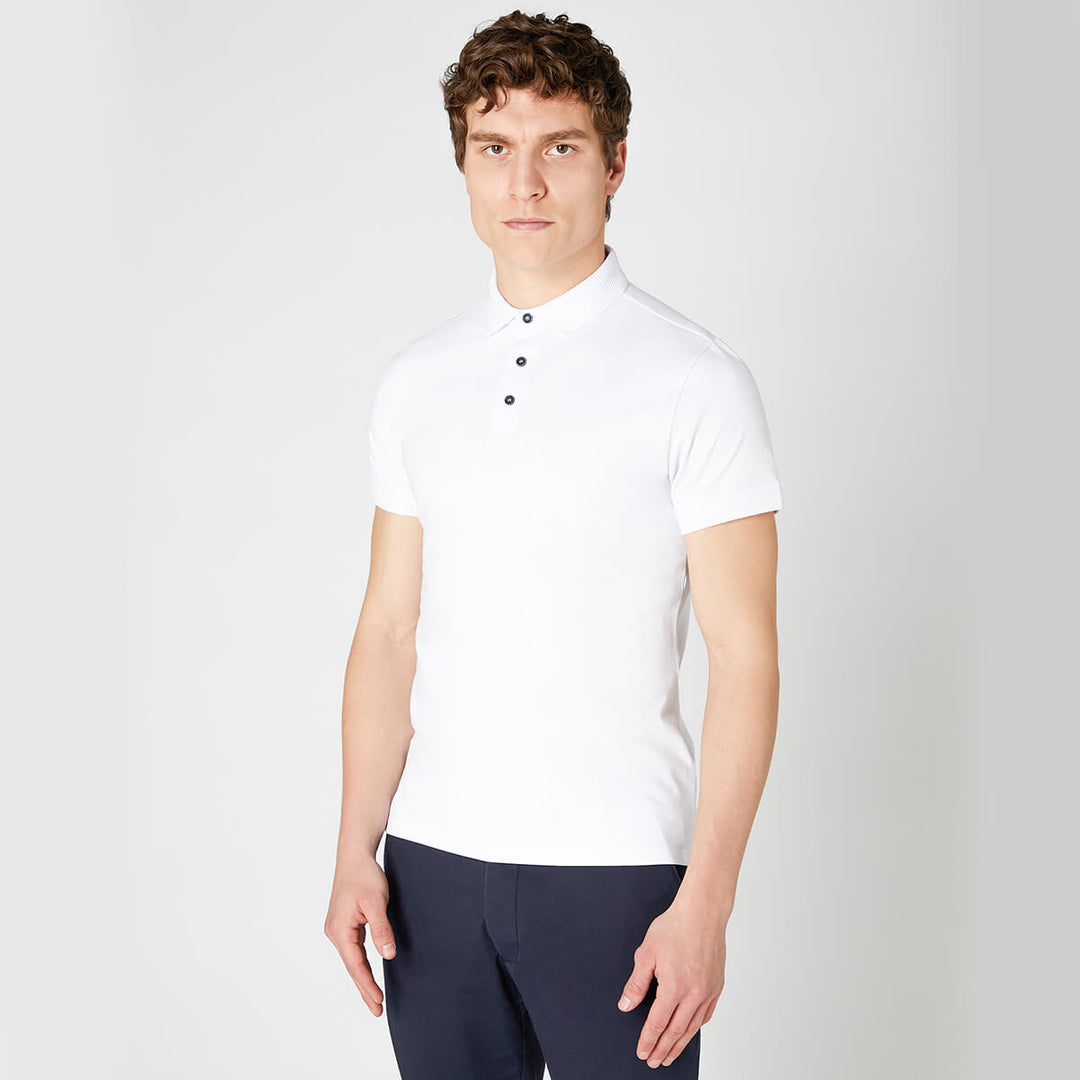 Remus Uomo 58724 White Tapered Fit Cotton-Stretch Jersey Polo Shirt - Baks Menswear Bournemouth